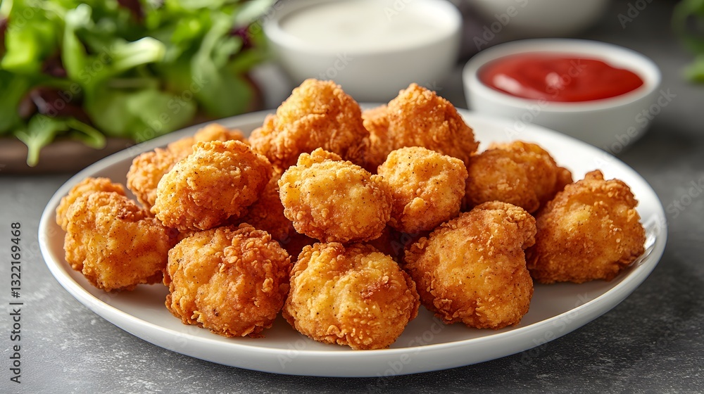 Crispy Fried Chicken Nuggets and Juicy Wings on a White Plate with Colorful Salad Leaf Decorations for a Tasty Presentation Crispy Fried Chicken Nuggets and Juicy Wings on a White Plate with Colorful Salad Leaf Decorations for a Tasty Presentation