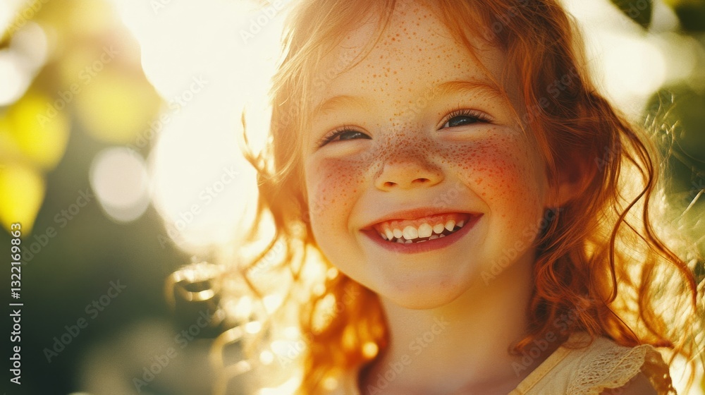 Fototapeta premium A radiant, freckled child beams a wide smile in warm golden sunlight, surrounded by the glow of a sunlit background.
