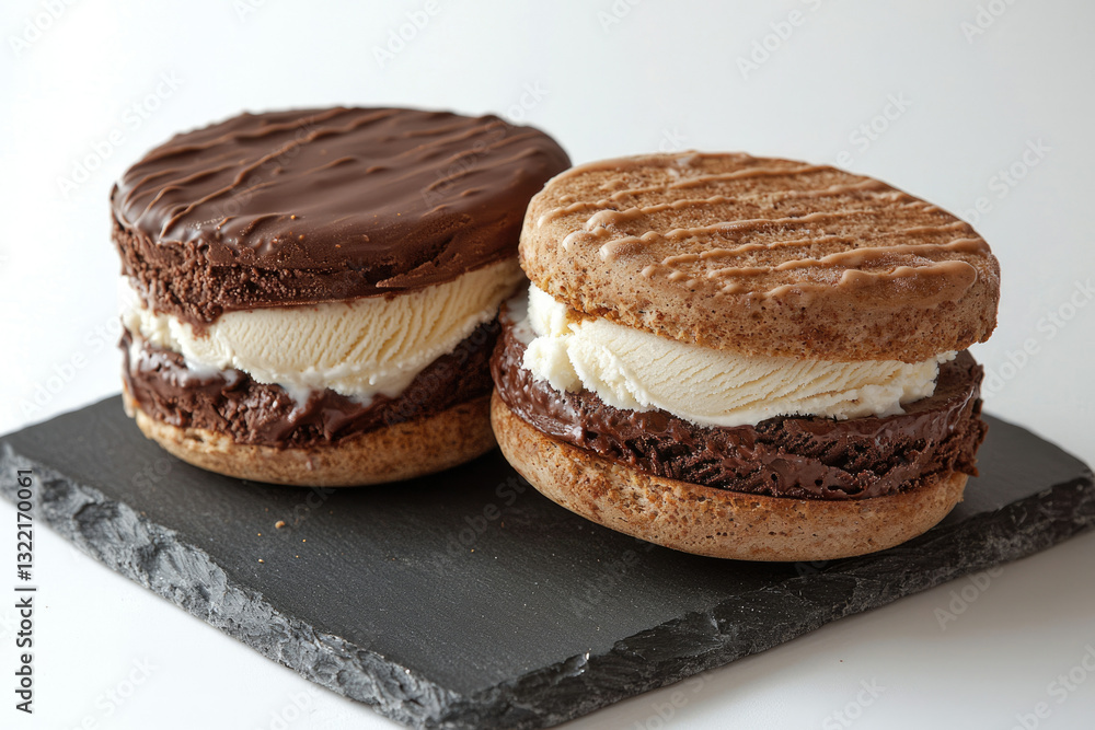 Chocolate and vanilla ice cream sandwiches with chocolate cookies. Chocolate and vanilla ice cream sandwiches with chocolate cookies.