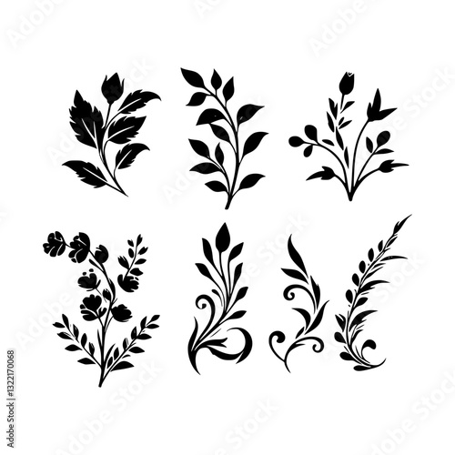 set of black silhouettes of plants