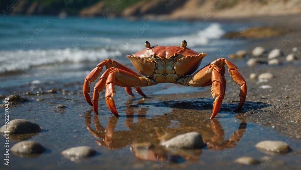 High-definition close-up photograph of a crab, focusing on the fine details and vibrant colors of its shell High-definition close-up photograph of a crab, focusing on the fine details and vibrant colors of its shell