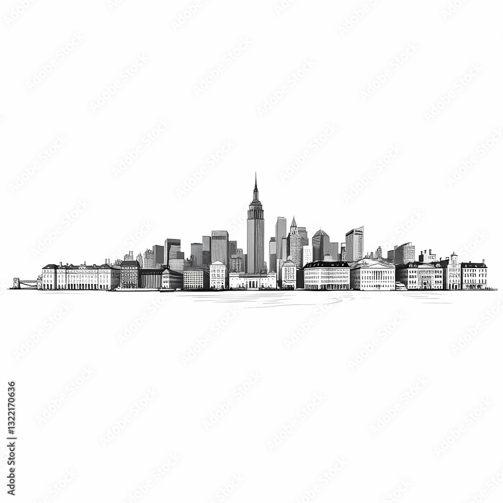 City Skyline Monochrome: A detailed monochrome illustration showcases the iconic cityscape, featuring a collection of towering skyscrapers and diverse architectural styles. City Skyline Monochrome: A detailed monochrome illustration showcases the iconic cityscape, featuring a collection of towering skyscrapers and diverse architectural styles.