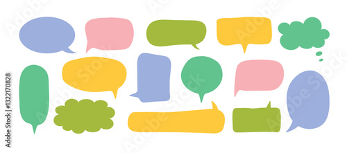 Multicolored hand drawn speech bubbles set. Empty chat message boxes.