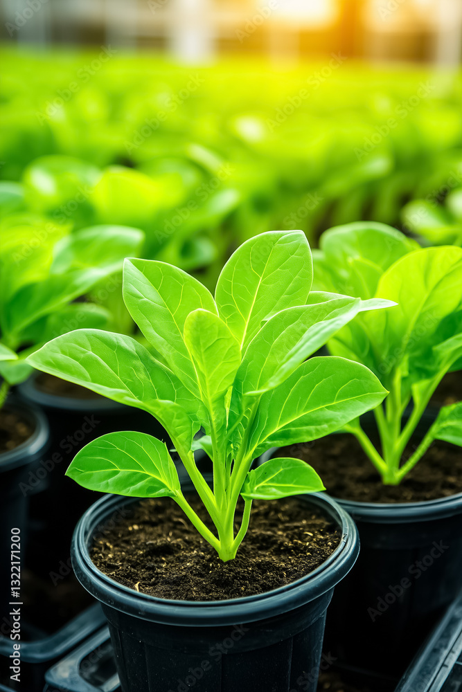 Rows of lush green plants flourish in a state-of-the-art greenhouse equipped with automated lighting, emphasizing innovative agricultural methods and sustainable growth techniques Rows of lush green plants flourish in a state-of-the-art greenhouse equipped with automated lighting, emphasizing innovative agricultural methods and sustainable growth techniques