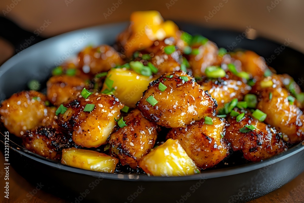 Glazed chicken pieces with pineapple chunks in Asian sweet and sour sauce, garnished with fresh chopped green onions, served in black plate. Close up food photography. Glazed chicken pieces with pineapple chunks in Asian sweet and sour sauce, garnished with fresh chopped green onions, served in black plate. Close up food photography.
