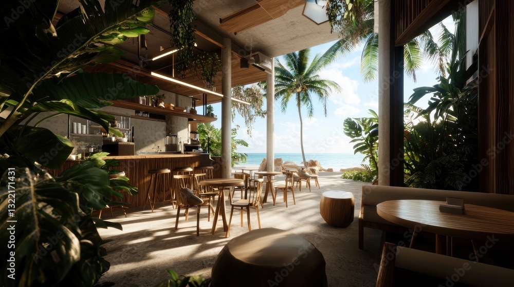 Fototapeta premium Tropical Beachfront Cafe with Lush Vegetation