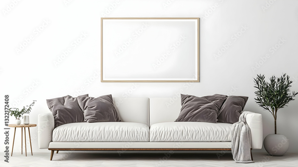 Naklejka premium Modern Minimalist White Sofa With Gray Cushions And Blank Frame In Bright Living Room Interior With Elegant Home Decor