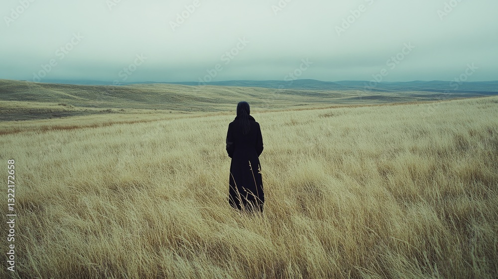 A solitary figure draped in black stands against an expansive, endless golden field, evoking a sense of mystery and isolation. A solitary figure draped in black stands against an expansive, endless golden field, evoking a sense of mystery and isolation.