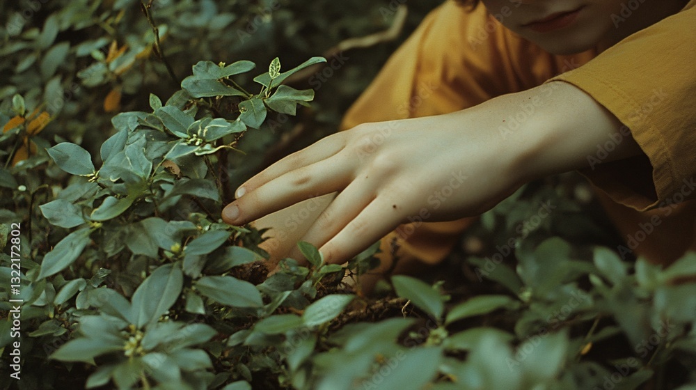 A person gently touches green leaves with their outstretched hand A person gently touches green leaves with their outstretched hand