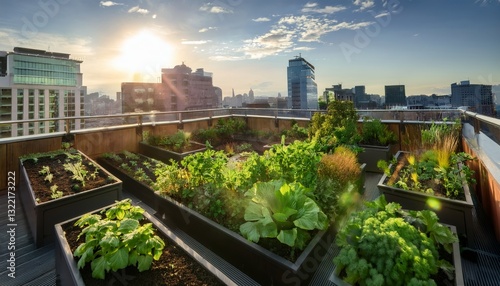 vibrant urban garden on a rooftop in the city