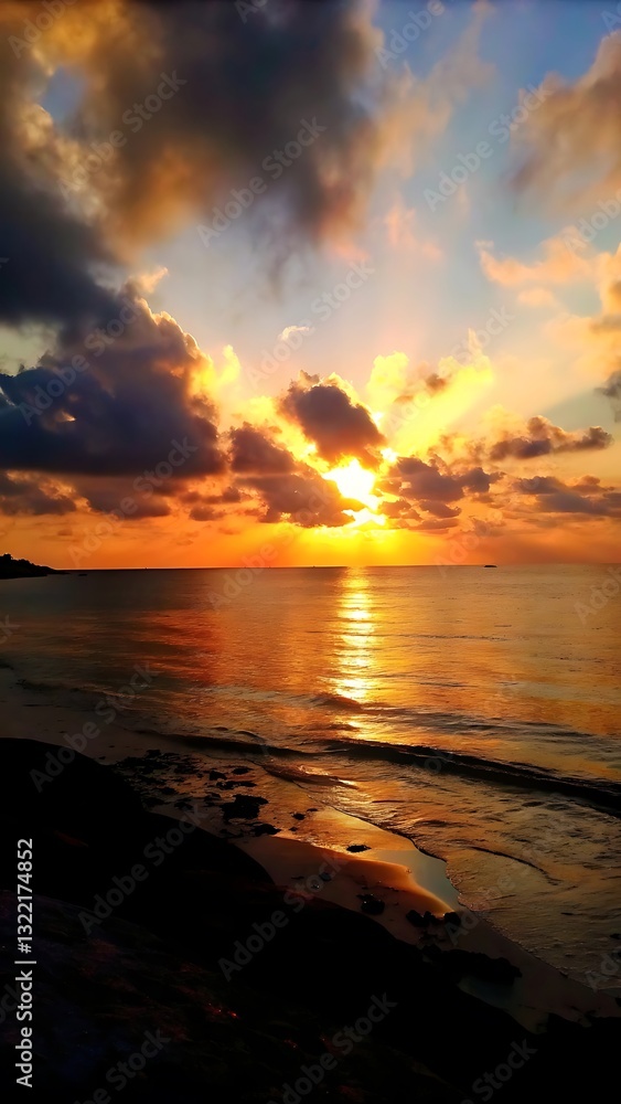Stunning Sunset Over the Ocean with Colorful Clouds and Reflection Stunning Sunset Over the Ocean with Colorful Clouds and Reflection