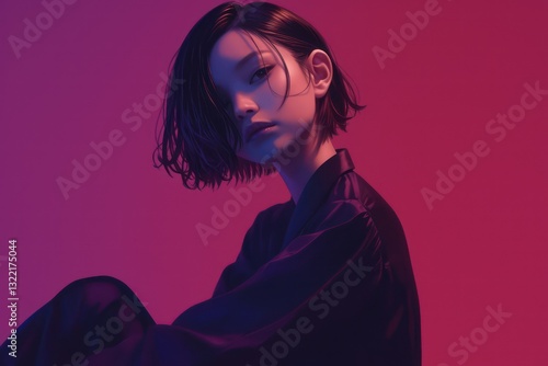 A young woman poses in a pink and purple setting