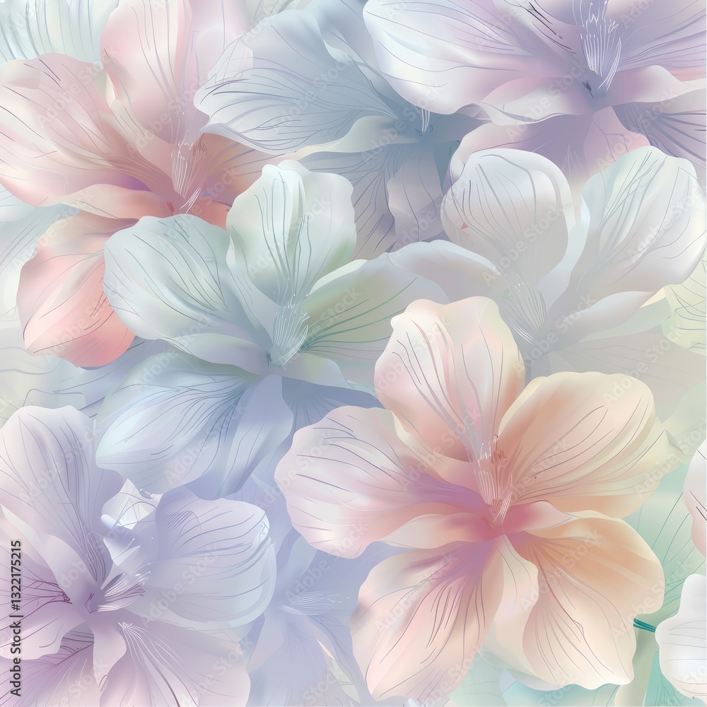 Fototapeta premium Multi-colored translucent leaves and pastel-colored flowers are superimposed on each other on a soft background, creating a delicate and airy visual effect. The concept of nature.