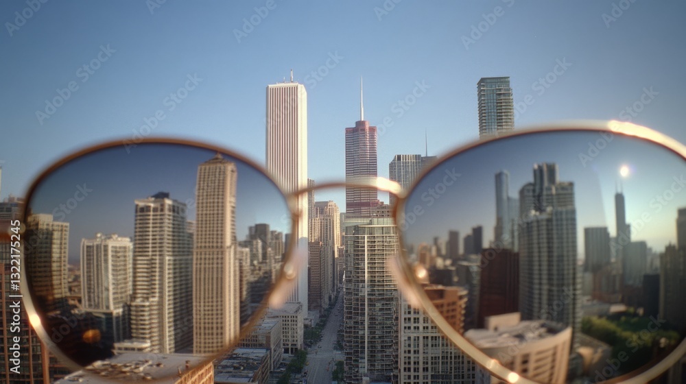 Obraz premium Through rose-tinted glasses, a bustling city's urban skyline transforms into a dreamscape, merging reality with imagination.