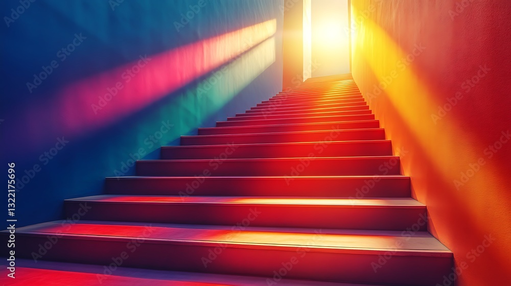 Playful architecture of a colorful block pyramid radiating under direct sunlight