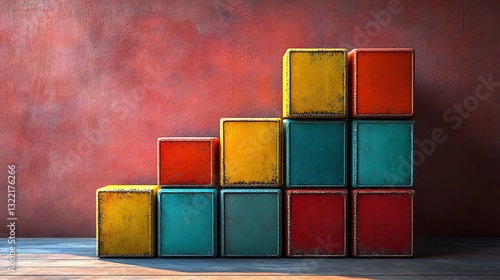 Bold arrangement of stacked colorful blocks forming an eye-catching pyramid structure