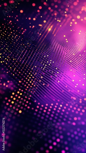 Vibrant purple and orange abstract design showcasing dynamic patterns and glowing particles in a mesmerizing digital landscape