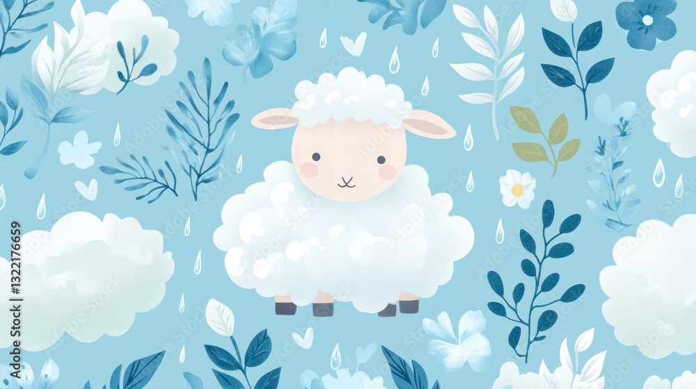 Cute sheep surrounded by floral and cloud designs in soft pastel colors Cute sheep surrounded by floral and cloud designs in soft pastel colors