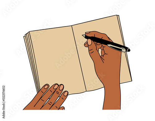 Hands drawing in sketchbook on blank paper with pen. Human hands with writing tool. Colorful outline Vector illustration on isolated on transparent background. Hand drawn icon.