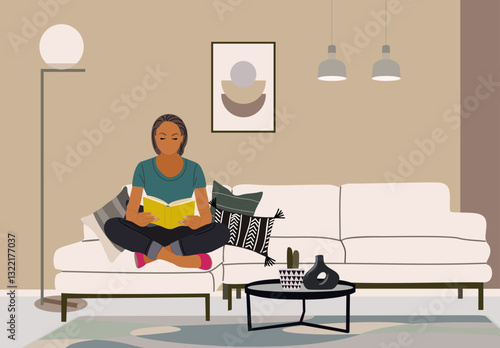 Young woman sitting on the sofa in modern living room, reading book. Pretty girl, student studying and preparing for examination. Female cartoon character in comfortable interior. Vector illustration