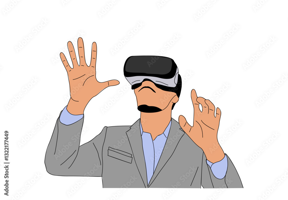 Business Man using virtual reality headset. Modern guy in formal suit and futuristic Virtual Reality glasses. Hand drawn colorful vector illustration of person isolated on transparent background. Business Man using virtual reality headset. Modern guy in formal suit and futuristic Virtual Reality glasses. Hand drawn colorful vector illustration of person isolated on transparent background.