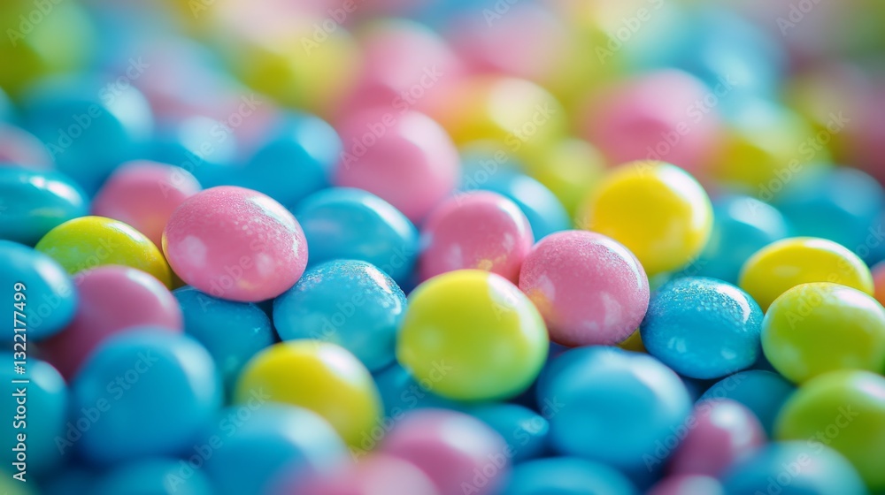 A cascade of colorful candy spheres in vibrant hues, scattered abundantly against a soft blue surface. A cascade of colorful candy spheres in vibrant hues, scattered abundantly against a soft blue surface.