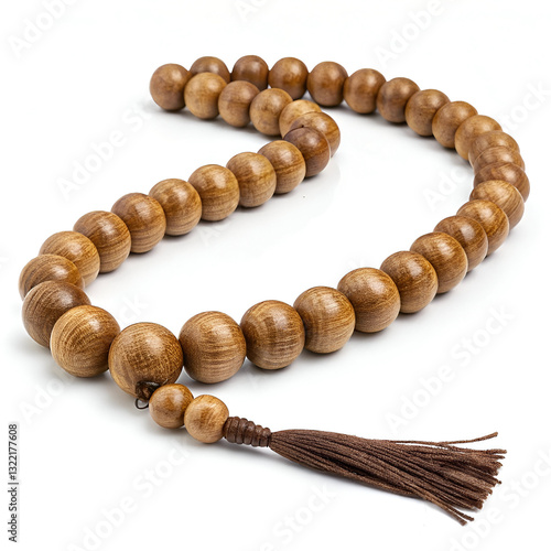 A beautifully crafted wooden Tasbeeh (prayer beads) arranged in a circular shape on a clean white background, symbolizing Islamic spirituality