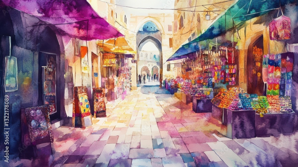 Obraz premium Watercolor illustration of Jerusalem street. Vibrant view of the souvenir market in the old city, filled with colorful trinkets and historic charm.