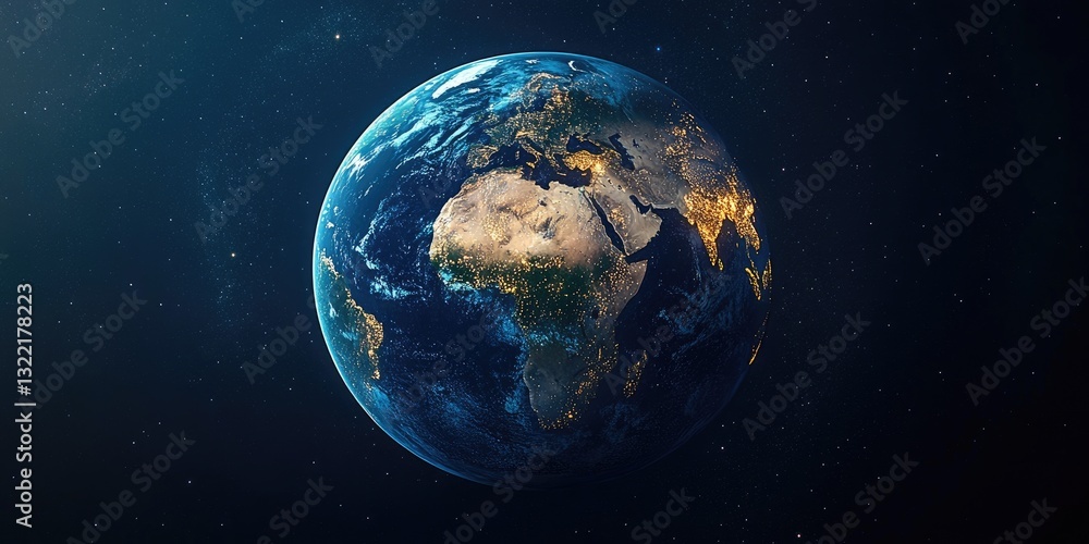 Fototapeta premium Pixelated Earth globe in dark space, illuminated city lights, digital art, detailed continents. Blue and gold tones