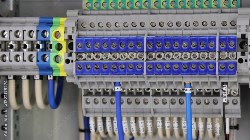 Electrical screw feed-through terminals with connected insulated wires with markings. Electrical screw feed-through terminals with connected insulated wires with markings.