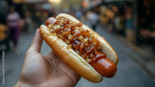 Hand holds a delicious hot dog topped with barbecue sauce and onions in a busy street setting during the day