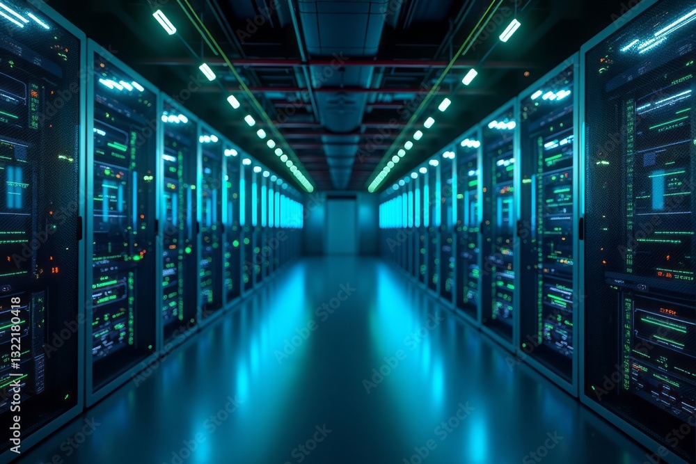 A long corridor filled with computer servers reflecting blue lights A long corridor filled with computer servers reflecting blue lights