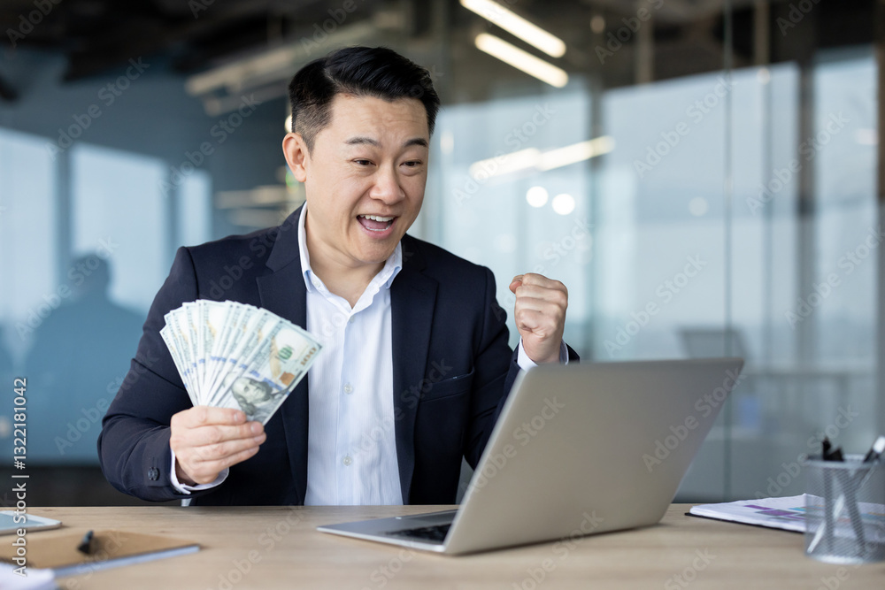 Happy young Asian man in a business suit sits at a desk in the office, holds cash money banknotes in his hand, rejoices in success, moves into the laptop screen Happy young Asian man in a business suit sits at a desk in the office, holds cash money banknotes in his hand, rejoices in success, moves into the laptop screen