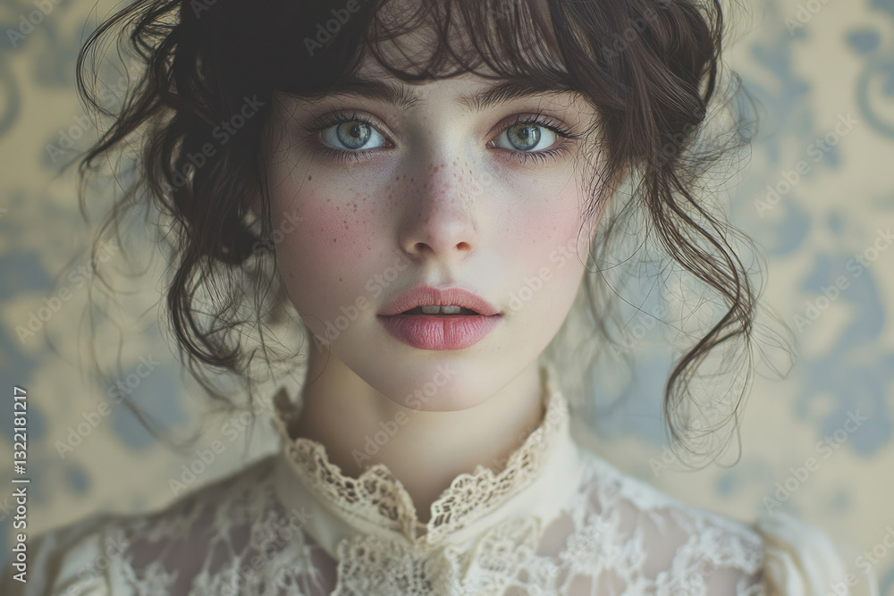 Fototapeta premium A portrait of a young woman with freckles, wearing a lacy blouse, ethereal beauty.