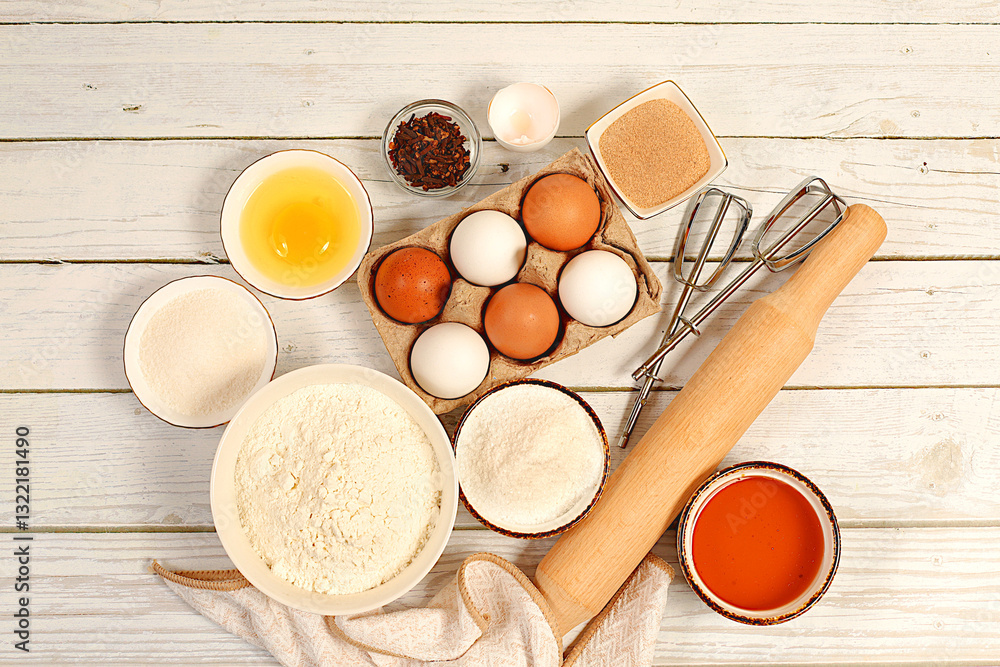 Kitchen baking background and recipe for cake, bread, pastry and ingredients for cooking, milk, honey, flour, salt, sugar, eggs, yeast and cream, modern bakery concept, Kitchen baking background and recipe for cake, bread, pastry and ingredients for cooking, milk, honey, flour, salt, sugar, eggs, yeast and cream, modern bakery concept,