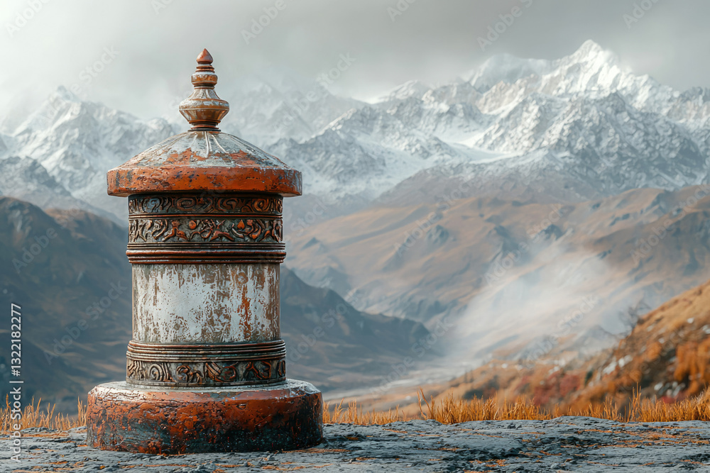 Obraz premium Ornate prayer wheel perched atop a mountain, overlooking a snow-capped Himalayan range.