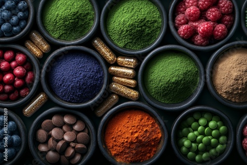Fototapeta Naklejka Na Ścianę i Meble -  A vibrant and colorful array of nutraceutical ingredients. Generative AI