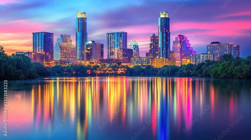 Naklejka premium Austin skyline at dusk with colorful lights reflecting on the water, Austin, Texas, skyline, evening, dusk, lights