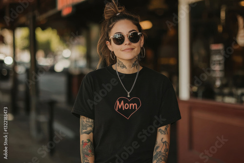 A woman with tattoos and a heart on her shirt is smiling
