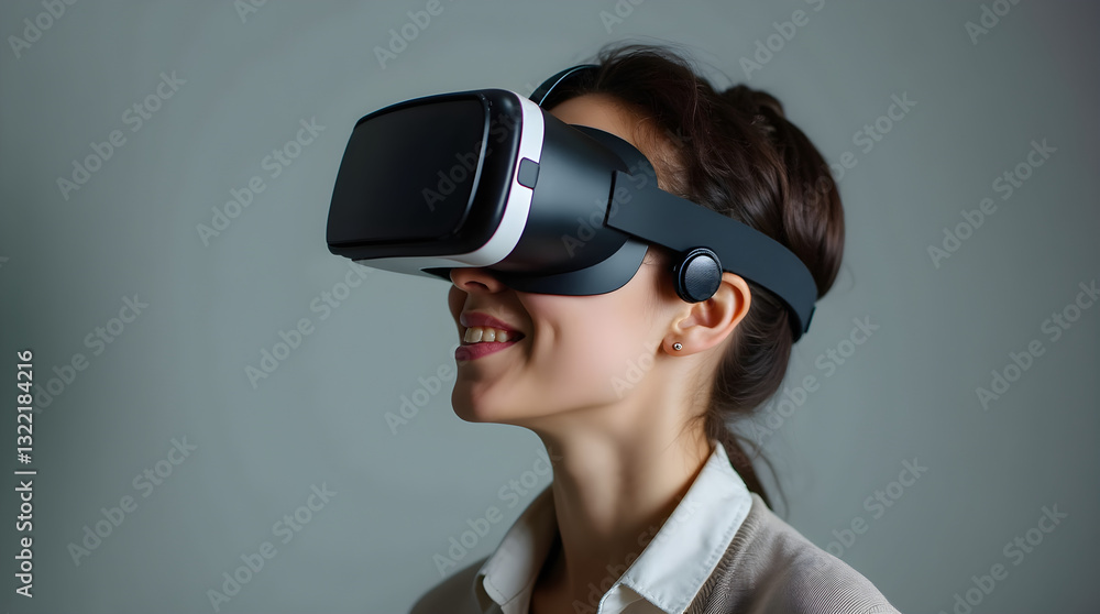 Smiling Woman in VR Headset - Experiencing Immersive Digital World Smiling Woman in VR Headset - Experiencing Immersive Digital World