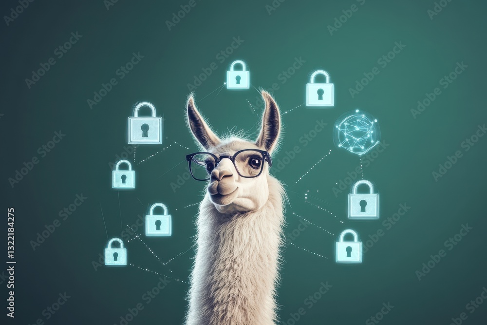 Fototapeta premium Funny intelligent llama with glasses surrounded by digital locks