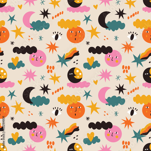 Vector seamless pattern with space, moons and clouds. Modern design for fabric and paper, surface textures