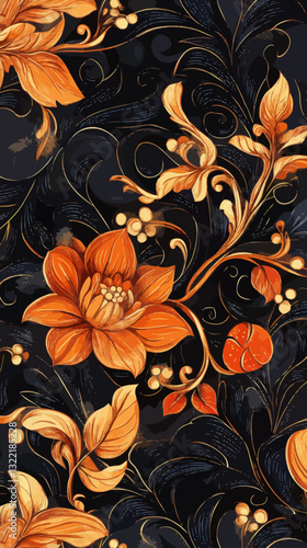 Elegant Floral Indonesian Batik Pattern with Gold and Black Accents for Design