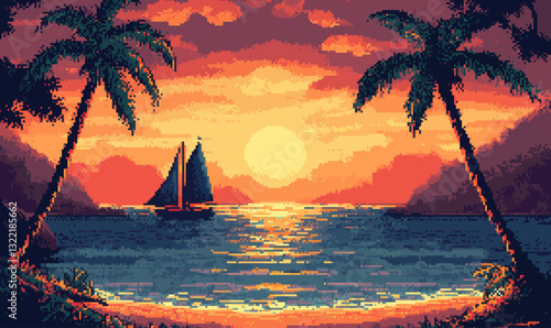 Retro 8-bit Pixel Art Tropical Beach Sunset with Sailboat and Palms
