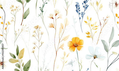 Watercolor Wildflower Seamless Pattern with Ethereal Leaves and Branches