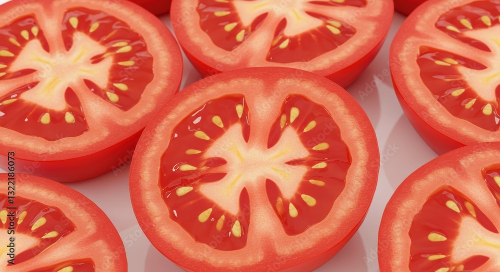 Sliced tomatoes, vibrant red color, circular cross-sections, white background, fresh produce, macro photography, juicy texture, symmetrical arrangement, culinary ingredients, botanically accurate, hig Sliced tomatoes, vibrant red color, circular cross-sections, white background, fresh produce, macro photography, juicy texture, symmetrical arrangement, culinary ingredients, botanically accurate, hig
