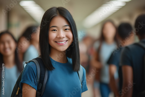 portrait of a teenage Asian female student standing in high school hallway, diverse group of friends in background