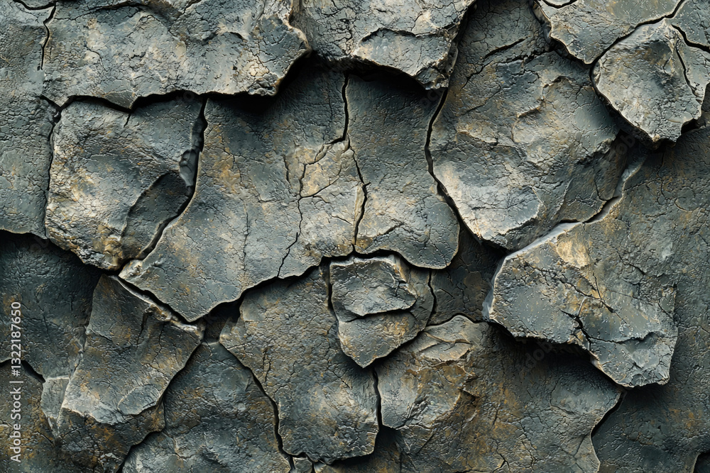 Close-up of dark, cracked stone surface; rough texture with deep crevices. Close-up of dark, cracked stone surface; rough texture with deep crevices.