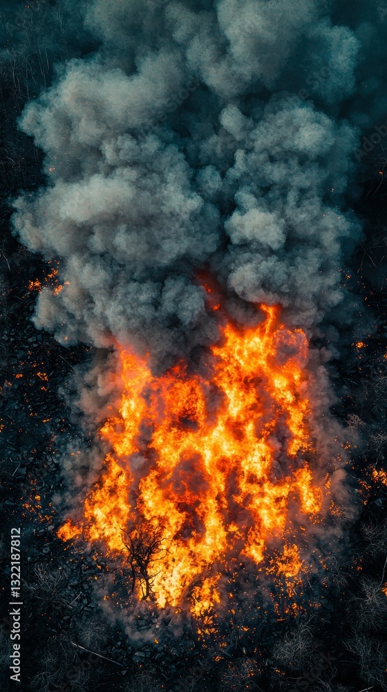 Fototapeta premium Fiery blaze with dark smoke. Bright flames rise into a cloud of gray
