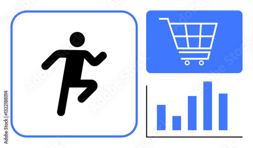 Black running figure symbolizing activity, blue shopping cart for commerce, and bar chart denoting progress. Ideal for health, analytics, business, e-commerce, fitness, data visualization teamwork